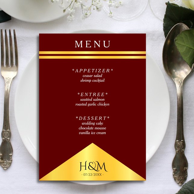 Burgundy & Gold Stripe Fancy Wedding Reception Menu (burgundy red and gold wedding menu)