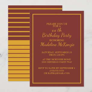 Burgundy Gold Striped Birthday Party Invite
