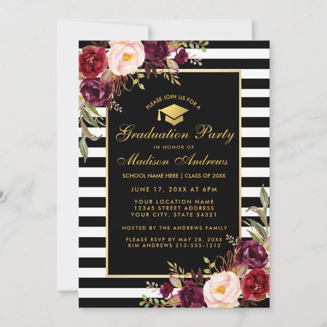 Burgundy Gold Striped Graduation Party Invitation (Front)