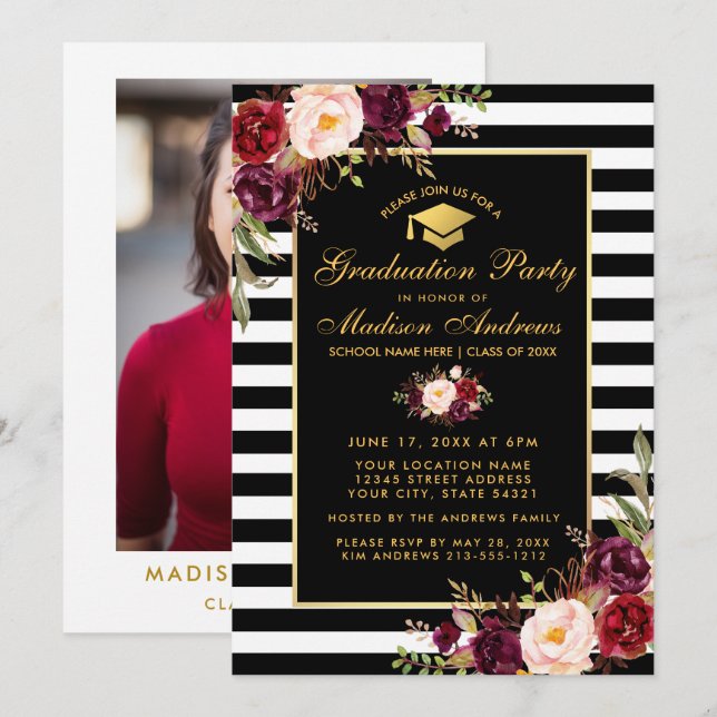 Burgundy Gold Striped Graduation Party Photo Back Invitation (Front/Back)