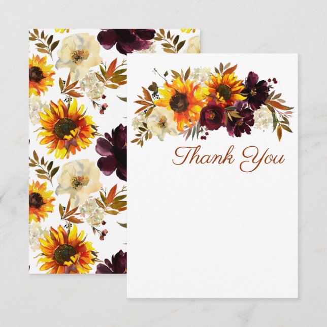 Burgundy & Gold Sunflower Wedding Invitations (Front/Back)