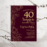 Burgundy Gold Surprise 40th Birthday Party Invitation<br><div class="desc">Burgundy Gold Floral Surprise 40th Birthday Party Invitation. Minimalist modern maroon design featuring botanical accents and typography script font. Simple floral invite card perfect for a stylish female surprise bday celebration. Can be customized to any age.</div>