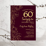 Burgundy Gold Surprise 60th Birthday Party Invitation<br><div class="desc">Burgundy Gold Floral Surprise 60th Birthday Party Invitation. Minimalist modern maroon design featuring botanical accents and typography script font. Simple floral invite card perfect for a stylish female surprise bday celebration. Can be customized to any age.</div>