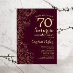 Burgundy Gold Surprise 70th Birthday Party Invitation<br><div class="desc">Burgundy Gold Floral Surprise 70th Birthday Party Invitation. Minimalist modern maroon design featuring botanical accents and typography script font. Simple floral invite card perfect for a stylish female surprise bday celebration. Can be customized to any age.</div>
