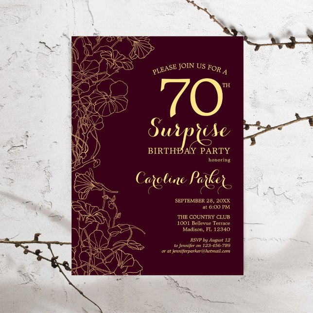 Burgundy Gold Surprise 70th Birthday Party Invitation (Creator Uploaded)
