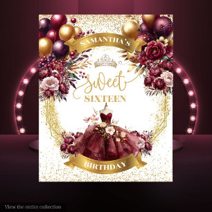 Burgundy Gold Sweet 16 Backdrop Watercolor Glitter Tapestry