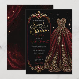 Burgundy Gold Sweet 16 Birthday Dress Invitation