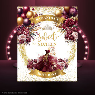 Burgundy Gold Sweet Sixteen Banner with Balloons Tapestry