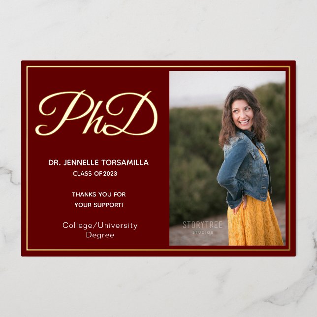 Burgundy Gold Thank You Photo PhD Graduation  (Front)