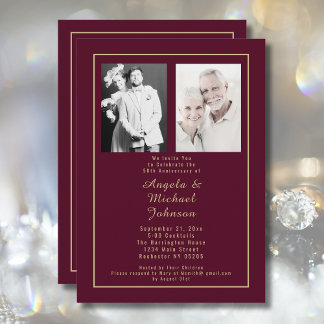 Burgundy Gold Then and Now 50th Anniversary Photo Invitation