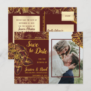 Burgundy Gold Vintage Floral Photo Save the Date Announcement Postcard