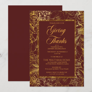 Burgundy Gold Vintage Floral Thanksgiving Dinner Invitation