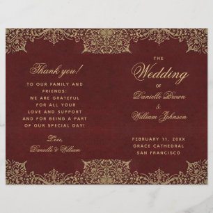 Burgundy Gold Vintage Red Folded Wedding Programme