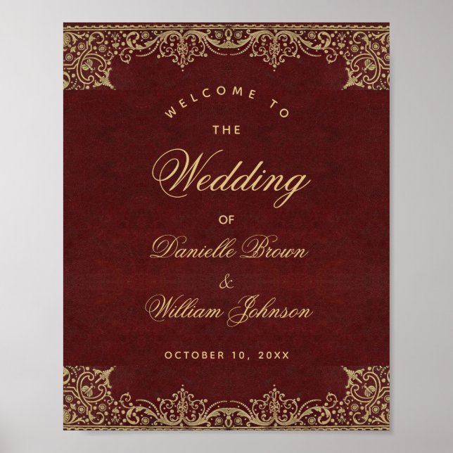 Burgundy Gold Vintage Script Wedding Welcome Sign (Front)