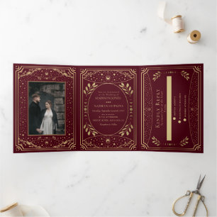 Burgundy Gold Vintage Tarot Gothic Wedding Tri-Fold Invitation