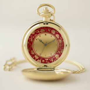 Burgundy & Gold VintageDamasks Pocket Watch