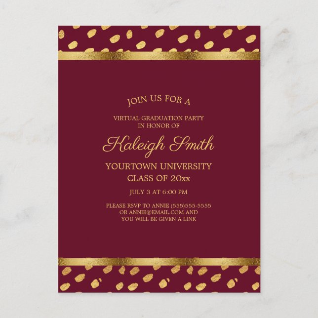 Burgundy Gold Virtual Quarantine Graduation Party Postcard (Front)