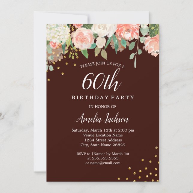 Burgundy Gold Watercolor Floral 60th Birthday Invitation (Front)