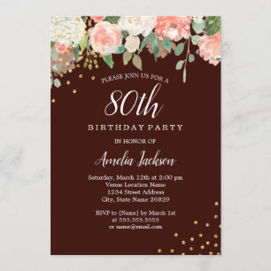 Burgundy Gold Watercolor Floral 80th Birthday Invitation