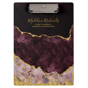 Burgundy & Gold Watercolor Marble Agate Gilded Clipboard