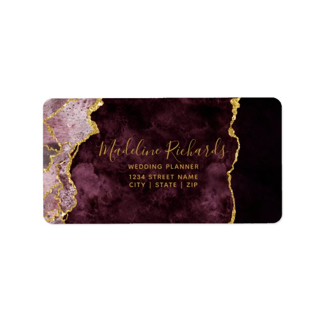 Burgundy & Gold Watercolor Marble Agate Gilded Label (Front)