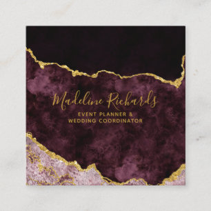 Burgundy & Gold Watercolor Marble Agate Gilded Square Business Card