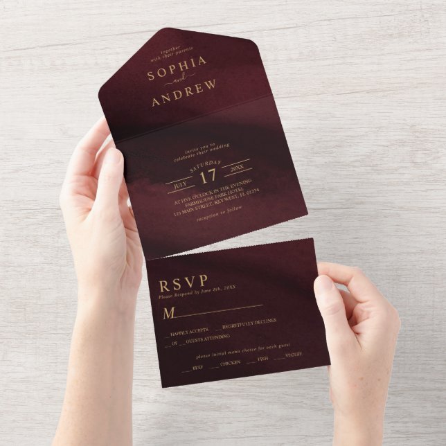 Burgundy & Gold  Wedding  All In One Invitation (Tearaway)