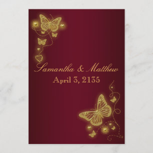 Burgundy gold wedding butterfly theme invitation