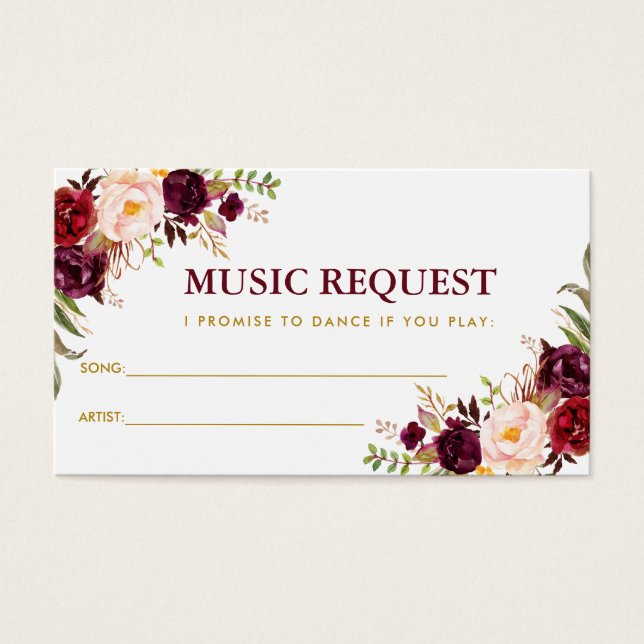 Burgundy Gold Wedding Music Song Request Card B (Front)