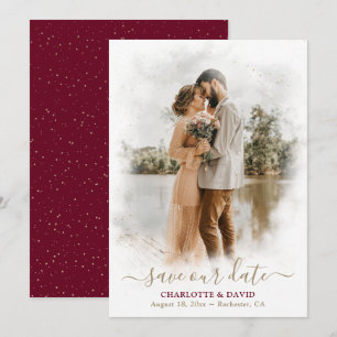 Burgundy Gold Wedding Photo Save Our Date Card