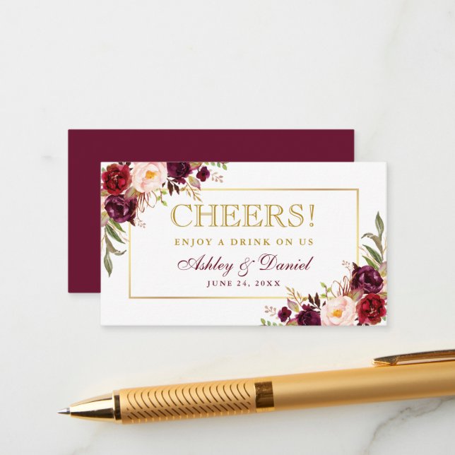Burgundy Gold Wedding Reception Drink Ticket Card (Front/Back In Situ)