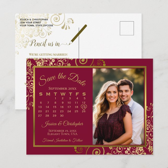 Burgundy & Gold Wedding Save Date Calendar Photo Announcement Postcard (Front/Back)