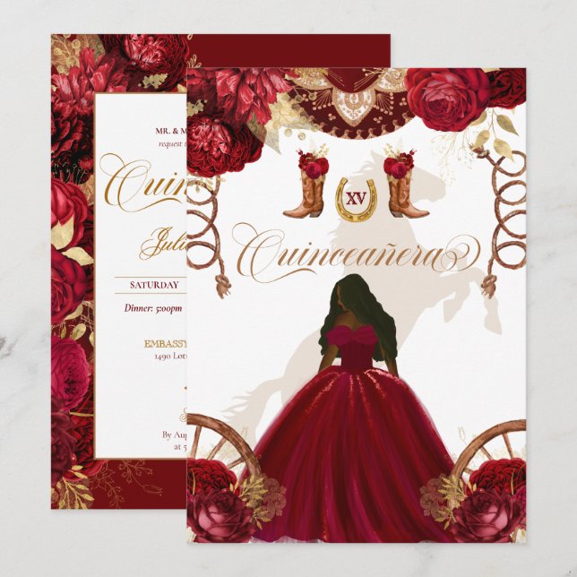 Burgundy Gold Western Charro 2-Sided Quinceanera I Invitation (Front/Back)