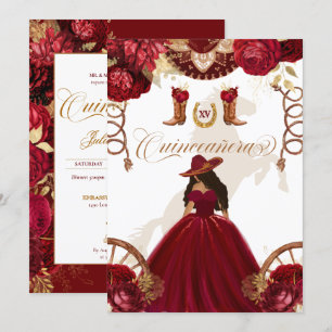 Burgundy Gold Western Charro 2-Sided Quinceanera I Invitation