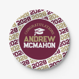 Burgundy, Gold & White Graduation Personalized Paper Plate
