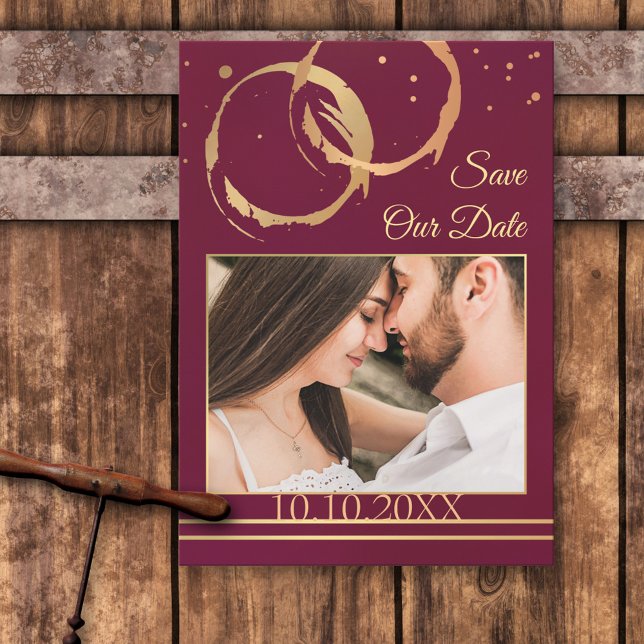 Burgundy Gold Wine Photo Save the Date Card (Creator Uploaded)