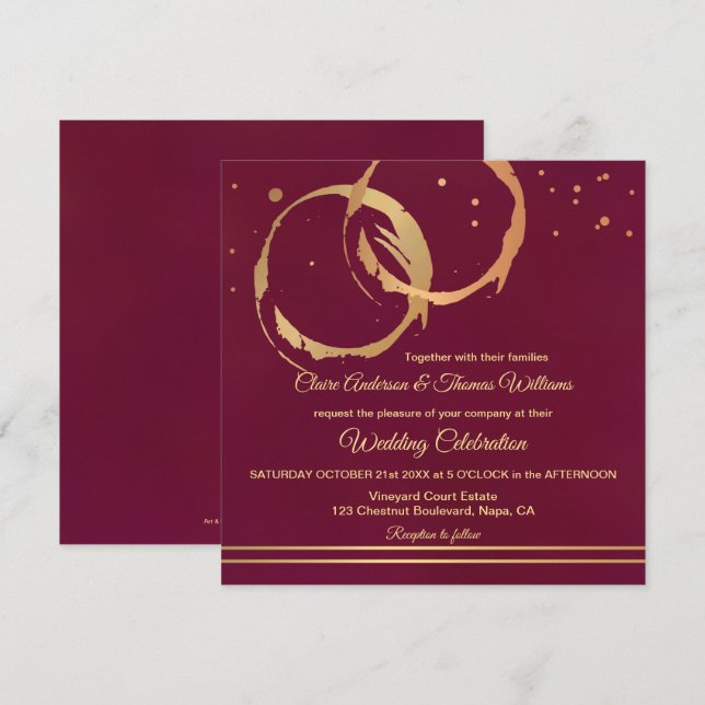 Burgundy Gold Wine Stain Rings Wedding Invitation (Front/Back)