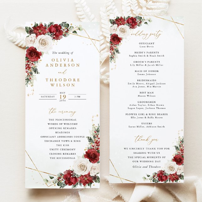 Burgundy Gold Winter Floral Wedding Ceremony Program (Wedding Program Burgundy gold Winter Floral Ceremony Program Red Rose Poinsettia geometric card)