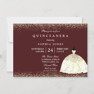 Burgundy Golden Dress Glitter Quinceanera Invite