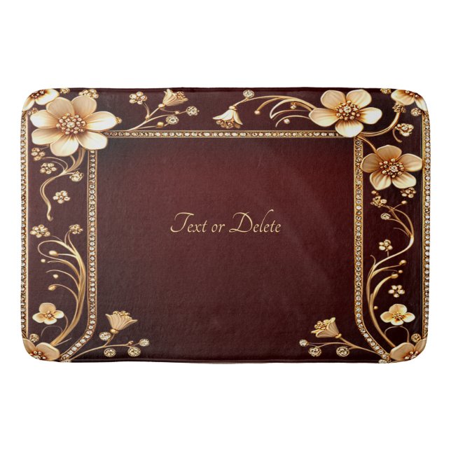 Burgundy Golden Flowers Bath Mat (Front)