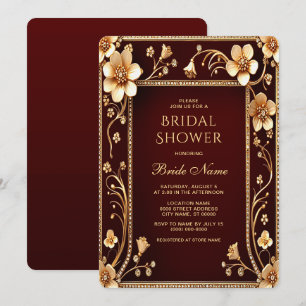 Burgundy Golden Flowers Bridal Shower Invitation