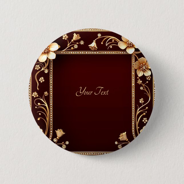 Burgundy Golden Flowers Button (Front)