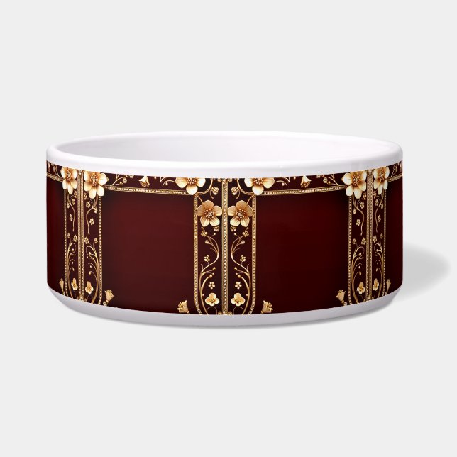 Burgundy Golden Flowers Ceramic Pet Bowl (Front)