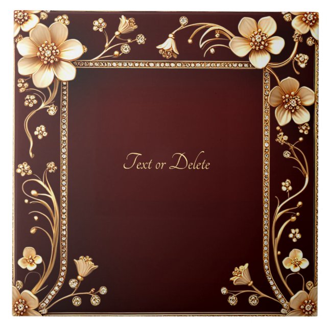 Burgundy Golden Flowers Ceramic Tile (Front)