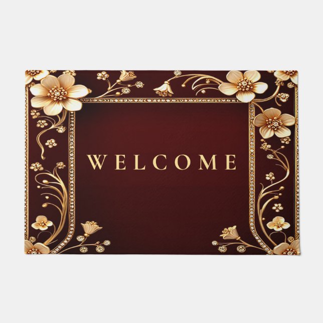 Burgundy Golden Flowers Doormat (Front)