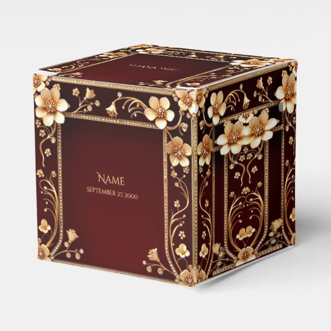 Burgundy Golden Flowers Favour Box (Front Side)