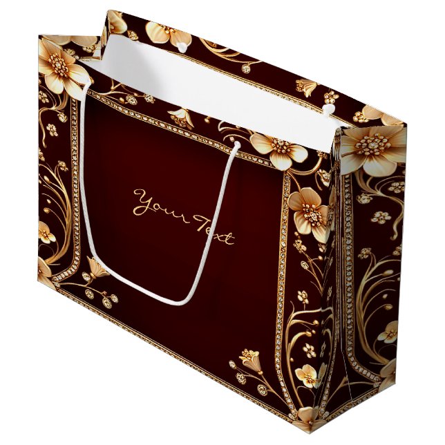 Burgundy Golden Flowers Gift Bag (Front Angled)