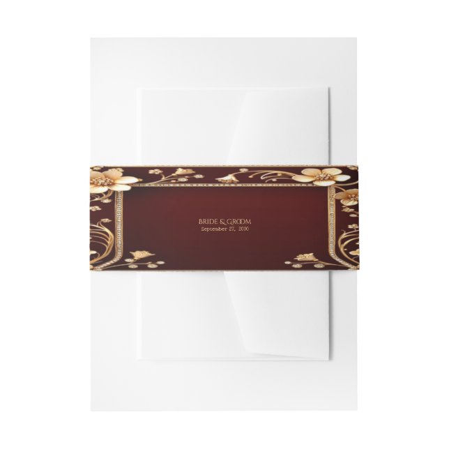 Burgundy Golden Flowers Invitation Belly Band (Front Example)