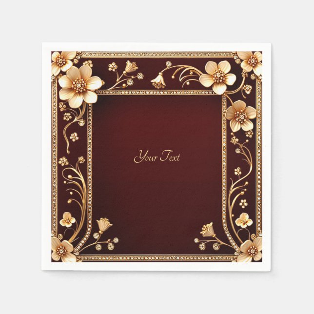 Burgundy Golden Flowers Napkins (Front)