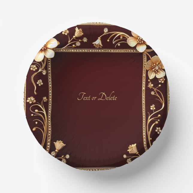 Burgundy Golden Flowers Paper Plate (Front)